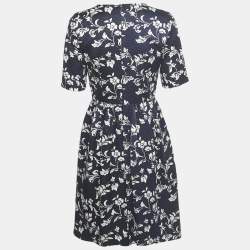 Pre Owned CH Carolina Herrera Navy Blue Floral Print Jacquard Bow Detail Short Dress S