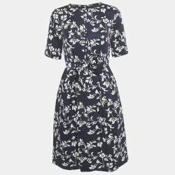 Pre Owned CH Carolina Herrera Navy Blue Floral Print Jacquard Bow Detail Short Dress S