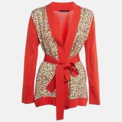 Pre Owned CH Carolina Herrera Printed Silk and Knit Belted Cardigan M