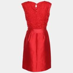 Pre Owned CH Carolina Herrera Red Floral Lace & Crepe Sleeveless Short Dress S