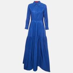 Pre Owned CH Carolina Herrera Roya Blue Taffeta Pocketed Flared Shirt Dress M