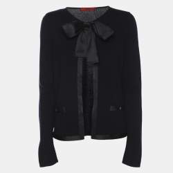 Pre Owned CH Carolina Herrera Navy Blue Wool Blend Bow Cardigan S