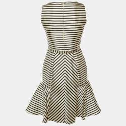 Pre Owned CH Carolina Herrera Cream/Black Striped Taffeta Belted Dress XS