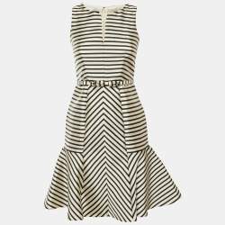 Pre Owned CH Carolina Herrera Cream/Black Striped Taffeta Belted Dress XS