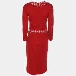 Pre Owned فستان ميدي سي أتش كارولينا هيريرا أحمر جيرسي تفصيل تويد مقاس صغير جداً