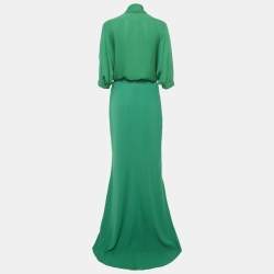 Pre Owned توب سي أتس كارولينا هيريرا كريب أخضر بتصميم رقبة مائل مقاس صغير - إكس سمول