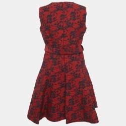Pre Owned CH Carolina Herrera Red Embossed Floral Print Belted Mini Dress S