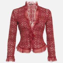 Pre Owned CH Carolina Herrera Red Guipure Lace Ruffle Crop Jacket M