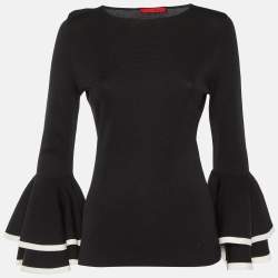 Pre Owned CH Carolina Herrera Black Knit Ruffled Sleeve Top S
