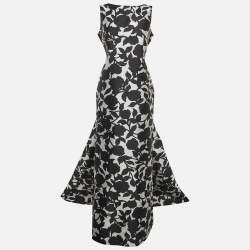 مملوكة مسبقًا CH Carolina Herrera Monochrome Floral Print Scoop Back Sleeveless Gown L