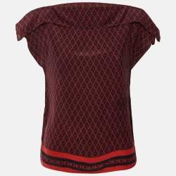 Pre Owned توب سي اتش كارولينا هيريرا بطبعة حرير ممزوج أزرق كحلي/أحمر مقاس صغير - إكس صغير