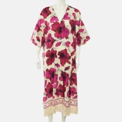 Pre Owned CH Carolina Herrera Pink Floral Printed Silk & Cotton Tassel Detail Maxi Dress L