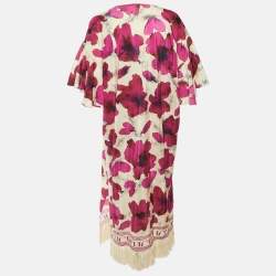 Pre Owned CH Carolina Herrera Pink Floral Printed Silk & Cotton Tassel Detail Maxi Dress L