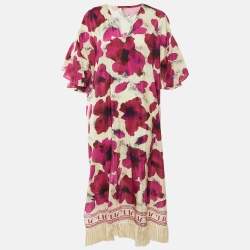 Pre Owned CH Carolina Herrera Pink Floral Printed Silk & Cotton Tassel Detail Maxi Dress L
