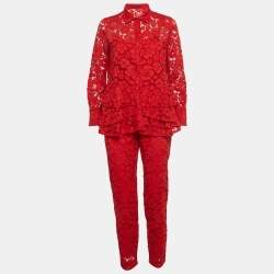 مملوكة مسبقًا CH Carolina Herrera Red Corded Lace Ruffle Top and Straight Pants Suit M