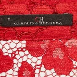 Pre Owned بدلة توب وكوردي دانتيل مُمَوَّج وبنطال مُستقيم سي أتش كارولينا هيريرا أحمر مقاس متوسط (ميديوم)