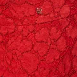 Pre Owned بدلة توب وكوردي دانتيل مُمَوَّج وبنطال مُستقيم سي أتش كارولينا هيريرا أحمر مقاس متوسط (ميديوم)