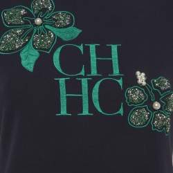 Pre Owned CH Carolina Herrera Navy Blue Jersey Embroidered T-Shirt S