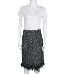 Pre Owned CH Carolina Herrera Monochrome Textured Fringed Ostrich Feather Trim Skirt XL
