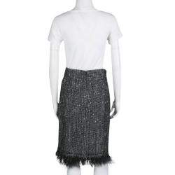 Pre Owned CH Carolina Herrera Monochrome Textured Fringed Ostrich Feather Trim Skirt XL