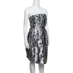 مملوكة مسبقًا CH Carolina Herrera Silver and Black Floral Jacquard Strapless Dress S
