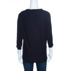 Pre Owned CH Carolina Herrera Navy Blue Knit Gold Button Detail Dolman Sleeve Top XS