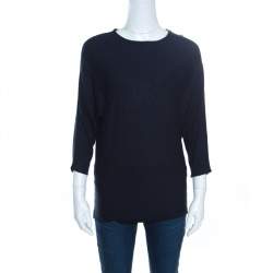 Pre Owned CH Carolina Herrera Navy Blue Knit Gold Button Detail Dolman Sleeve Top XS