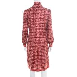 Pre Owned CH Carolina Herrera Red Abstract Printed Silk Button Front Tunic Dress S