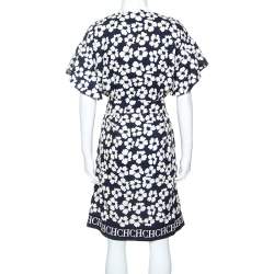 CH Carolina Herrera Navy Blue Floral Print Silk and Linen Blend Dress M
