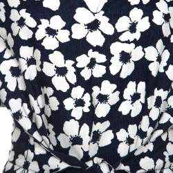 CH Carolina Herrera Navy Blue Floral Print Silk and Linen Blend Dress M
