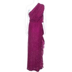 مملوكة مسبقًا CH Carolina Herrera Magenta Lace Draped Detail One Shoulder Dress M