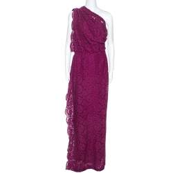 مملوكة مسبقًا CH Carolina Herrera Magenta Lace Draped Detail One Shoulder Dress M