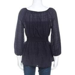 Pre Owned توب سي إتش كارولينا هيريرا قطن أزرق كحلي مطرز بحزام S