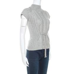 Pre Owned Carolina Herrera Grey Wool Cable Knit Sleeveless Turtle Neck Sweater XS