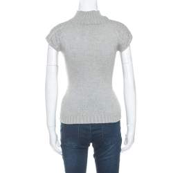 Pre Owned Carolina Herrera Grey Wool Cable Knit Sleeveless Turtle Neck Sweater XS