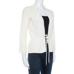 CH Carolina Herrera White Cable Knit Cotton Drawstring Waist Cardigan XS