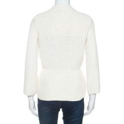 CH Carolina Herrera White Cable Knit Cotton Drawstring Waist Cardigan XS