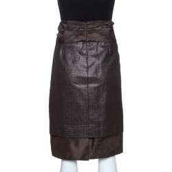 مملوكة مسبقًا CH Carolina Herrera Brown Lurex Jacquard Silk Bow Detail Skirt L