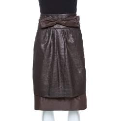 مملوكة مسبقًا CH Carolina Herrera Brown Lurex Jacquard Silk Bow Detail Skirt L