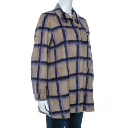 Pre Owned CH Carolina Herrera Beige Alpaca Trim Windowpane Check Coat XS
