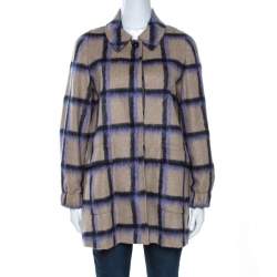 Pre Owned CH Carolina Herrera Beige Alpaca Trim Windowpane Check Coat XS