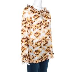 Pre Owned CH Carolina Herrera White & Brown Printed Silk Ruffled Blouse L