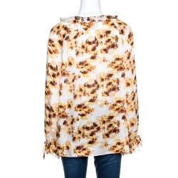 Pre Owned CH Carolina Herrera White & Brown Printed Silk Ruffled Blouse L