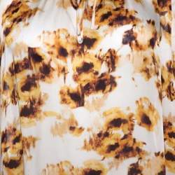 Pre Owned CH Carolina Herrera White & Brown Printed Silk Ruffled Blouse L