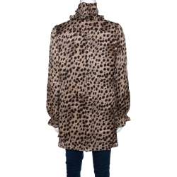 Pre Owned CH Carolina Herrera Beige Leopard Printed Silk Ruffle Detail Blouse L