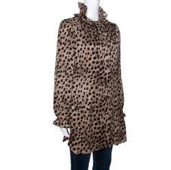 Pre Owned CH Carolina Herrera Beige Leopard Printed Silk Ruffle Detail Blouse L