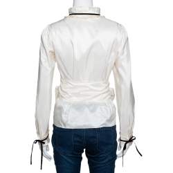 Pre Owned CH Carolina Herrera Cream Silk Bow Tie Front Blouse M