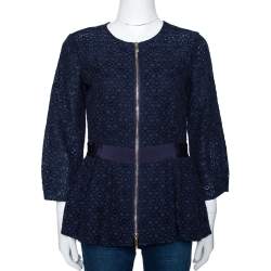 مملوكة مسبقًا CH Carolina Herrera Navy Blue Floral Corded Lace Peplum Jacket S