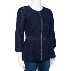 مملوكة مسبقًا CH Carolina Herrera Navy Blue Floral Corded Lace Peplum Jacket S