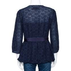 مملوكة مسبقًا CH Carolina Herrera Navy Blue Floral Corded Lace Peplum Jacket S